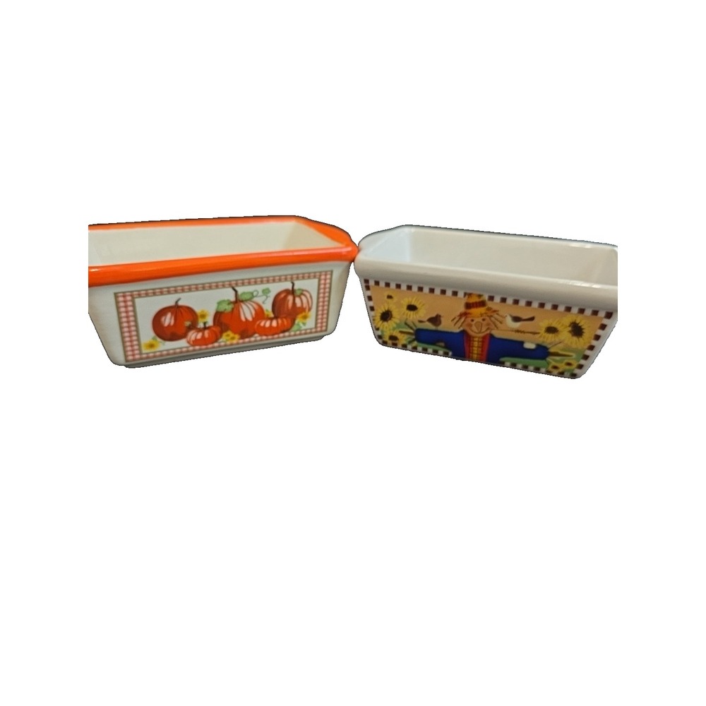 2 Ceramic Mini Loaf Pans Autumn Thanksgiving Pumpkins Scarecro 6" x 3.5" x 2.25"